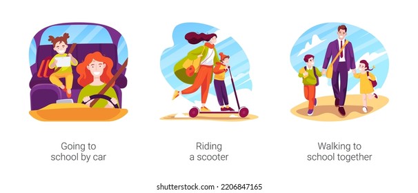 Family Daily Routine Isolated Cartoon Vector Illustration Set. Going To School By Car, Riding A Scooter, Walking To School Together, Child On Carseat, Children With Backpacks Vector Cartoon.