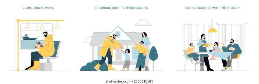 Family daily routine set. From commuting to work, reuniting at home, to dining together. Captures life's simple yet cherished moments. Vector illustration.