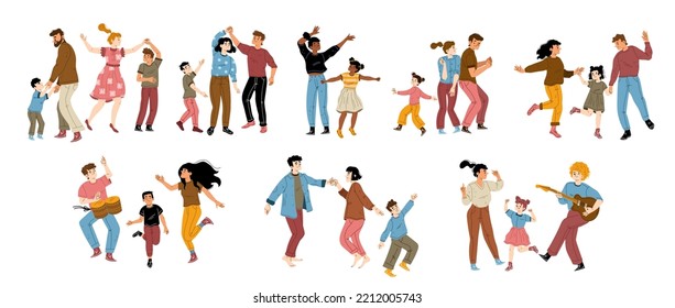 Danza familiar, alegría, diversión, concepto de fiesta en casa con padres felices y personajes infantiles bailando juntos. Padre o madre con niños tocando guitarra y tambores, ilustración lineal vectorial plana de dibujos animados