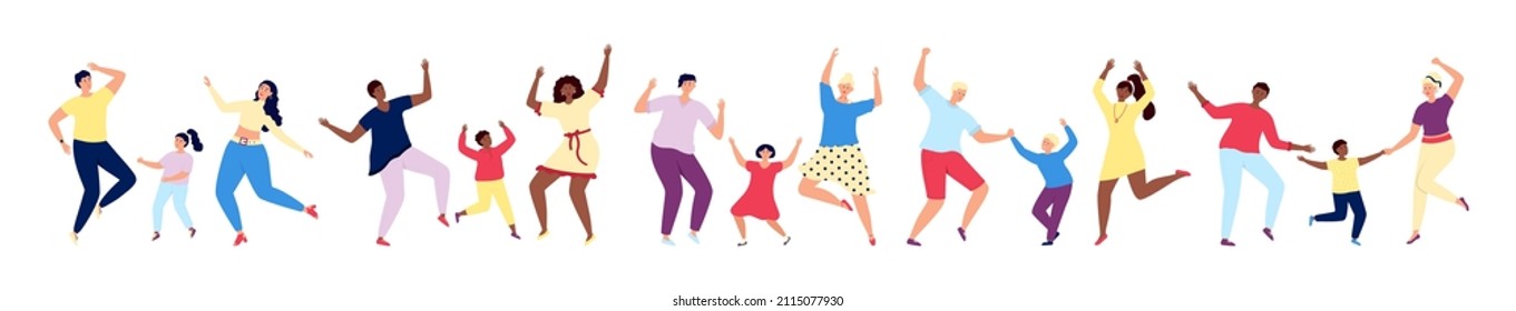 Family dancing. Dance families, parents teen with children performance. Happy fathers, mothers and kids. Flat fun summer utter vector characters