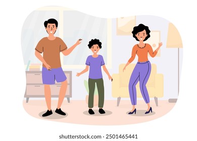 Familia bailando alegremente en su sala de estar durante una tarde soleada juntos