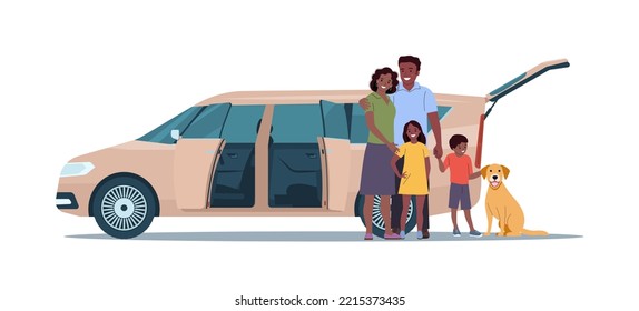 Una familia de gente de piel oscura con niños parados al lado de su auto en minivan. Ilustración vectorial.