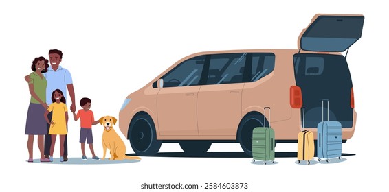 A family of dark skin people with children and suitcases next to their van with open trunk. Vector illustration.