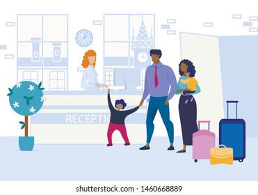 Family Dark-skinned Tourists Husband, Wife, Little Son and Daughter Arrived with Luggage to their Place Travel and Awaiting Help, Instructions from Foreign Consultant, Cartoon Flat.