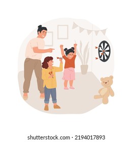 Family darts tournament isolated cartoon vector illustration. Family playing game, aiming in the center, throwing darts, home tournament, dartboard in living room, leisure time vector cartoon.