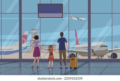 A family with a daughter at the airport look at the planes. Vector.