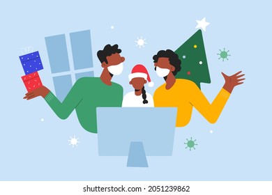 Family with daughter celebrating Christmas 2021 during coronavirus pandemic, wearing protective face masks, making video call to friends virtually online, covid lockdown, vector cartoon illustration