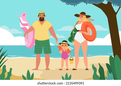 Family with daughter in swimsuits in seascape, cartoon flat vector illustration. Summer family beach vacation scene with mother, father and child girl.