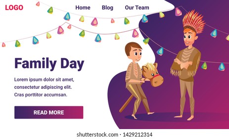 Family Day Banner. Cartoon Kid in Native American Costume with Stick Toy Horse. Man in Ethnic Clothing Headdress Vector Illustration. Daughter Father Son Play Game. Dad Greeting Card