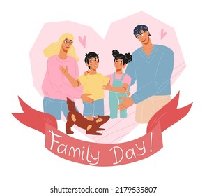 Family day banner for greeting cards and posters, flat vector illustration isolated on white background. Happy family of parents and children at decorative heart shaped backdrop.