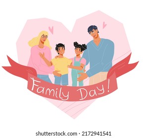 Family day banner layout for greeting cards and festive holiday posters, flat vector illustration isolated on white background. Family happiness and togetherness.