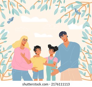 Family Day Banner Or Poster Layout, Background. Family Day And Anniversary Celebration Holiday Card Or Poster Template, Flat Vector Illustration.