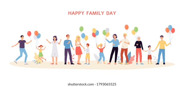 Family day banner template with smiling cheerful people holding balloons, flat vector illustration isolated on white background. Family members having fun together.