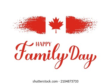 Family Day calligraphy hand lettering with flag of Canada. Annual holiday on February. Vector template for typography poster, banner, flyer, greeting card, etc.