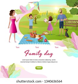 Family Day Cartoon Vector Square Web Banner with Happy Parents Resting Together in Park and Children Playing Ball, Launching Kite on Green Meadow Illustration. Father and Mother on Picnic with Kids