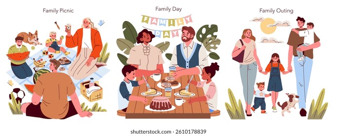 Family Day celebration illustration featuring a picnic, family gathering, and outing. Various activities highlight the joy of togetherness and bonding in a cheerful environment. Vector illustration.