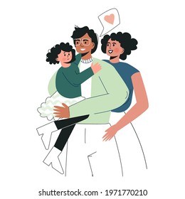 Family day concept Black african american man and woman hugging with their daughter. Multiracial cute family, couple with child. Happy parenting and childhood. Flat vector cartoon illustration 