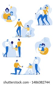 Family Day Concept Flat Cartoon Vector Illustration. Leisure, Active Walks. Happy People Spending Time Together. Mother, Father and Daughter Having Fun, Riding Skate, Eating Ice Cream, Hugging.