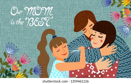 Family day. Cute flat cartoon father, mother and daughter with flowers and text. Horizontal Vector illustration