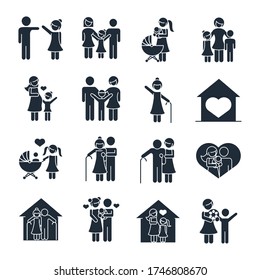 family day, father mother kids grandparents characters, set icon in silhouette style vector illustration