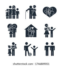 family day, father mother kids grandparents characters, set icon in silhouette style vector illustration