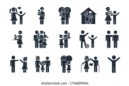 family day, father mother kids grandparents characters, set icon in silhouette style vector illustration