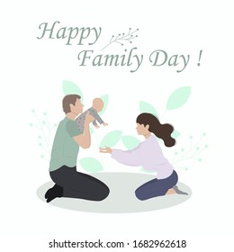 Family Day Greeting Cartoon Card. Father, Mother and  Baby Sitting on the floor. Vector Flat Illustration