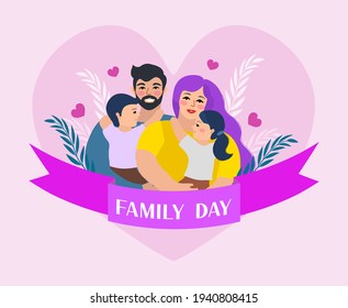 Family day. Happy international day of families. Cute couple with childrens, father and mother hug children with love. Vector illustration