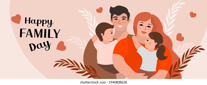Family day. Happy international day of families. Cute couple with childrens, father and mother hug children with love. Vector illustration