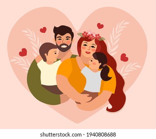 Family day. Happy international day of families. Cute couple with childrens, father and mother hug children with love. Vector illustration