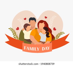 Family day. Happy international day of families. Cute couple with childrens, father and mother hug children with love. Vector illustration