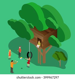 Family day. Happy family outing, fun in the sunny day. Isometric flat vector concept.