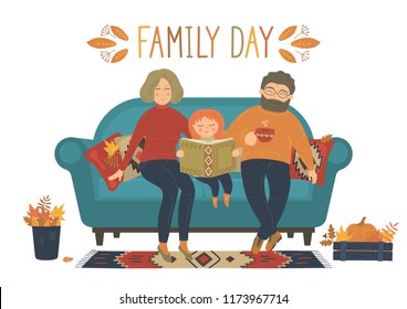 Family Day. Happy family sit on sofa on white background. Reading book. Original vector illustration.