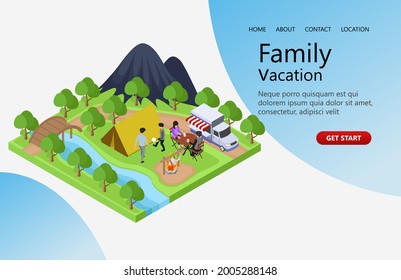 Family day illustration. A couple is camping in the middle of the forest with their two children. isometric vector illustration concept for website, flyer, banner, home page, landing page, etc,