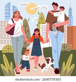 Family Day illustration featuring a family enjoying a sunny day outdoors in a park. Parents walk with their children and dog, creating lasting memories in a vibrant urban setting.