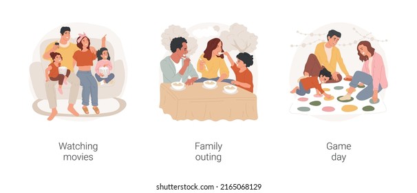 Family day isolated cartoon vector illustration set. Family sitting on sofa and watching movies, outing together, enjoying food in restaurant, playing twister game, having fun vector cartoon.