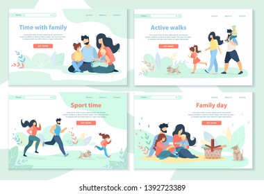 Family Day, Leisure, Sport Time, Active Walks Horizontal Banner Set. Happy People Spend Time Together. Mother, Father and Kids Healthy Lifestyle, Outdoor Activity. Cartoon Flat Vector Illustration