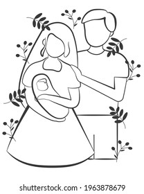 family day. mother, dad and newborn baby. print. coloring page