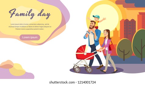 Family Day Out Cartoon Vector Horizontal Web Banner or Landing Page with Happy Mother Strolling with Baby Carriage and Father Riding Boy on Shoulders Illustration. Young Parents Walking with Kids
