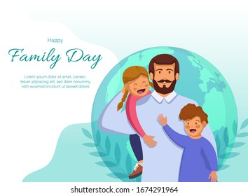 Family Day Out Cartoon Vector Horizontal web banner or landing page with happy dad. Father with children illustration
