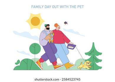 Family day out with a pet. A cheerful family enjoys quality time in nature, walking with their puppy under a bright sun. They embrace companionship and joyful moments outdoors. Vector illustration.