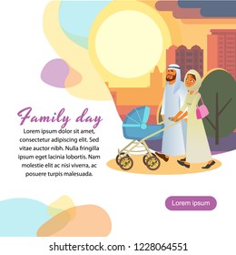 Family Day Out Square Vector Banner, Landing Page or Web Site Template with Muslim Father and Mother in Arabian Ethnic Clothes Walking with Baby Carriage Cartoon Illustration. Arabian Parents Stroll