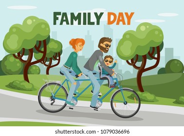 Family Day. Parents with child riding tandem outdoor in the city park. Happy family concept. Hand written text. Vector illustration.
