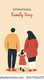 Family day. Parents day. Vector flat illustration parents on a walk with a child holding hands. View from the back. Minimalistic simple style with space for text. Ideal for a holiday card, poster, web