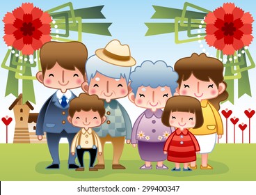 Family Day - smiling mom and dad, kind grandma and grandpa, lovely girl and boy take a photo together with standing pose on background with sunny bright blue sky and field grass : illustration
