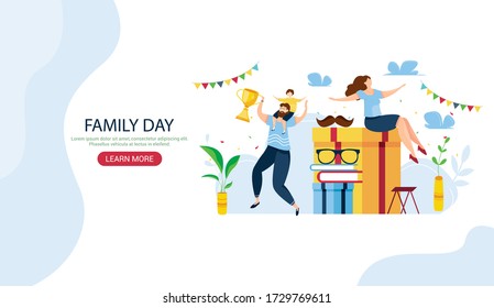 Family Day vector illustration. Happy young family dancing with winner cup and reward. Web banner or landing page vector illustration. 