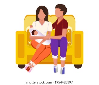Family Day. Young Couple With A Child. Postpartum Period. New Life. Cartoon Vector Drawing. Flat Style. White Background.