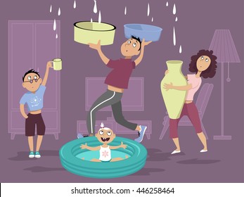 Family Dealing With A Water Leak In The Ceiling, EPS 8 Vector Illustration, No Transparencies