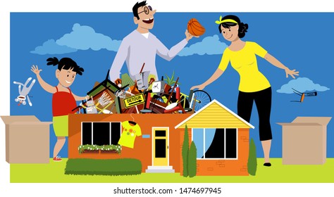 Family Declutter Their Hoarded House, Throwing Away Things, EPS 8 Vector Illustration