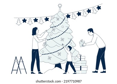 Family decorate christmas tree traditional toys and bows. Winter holiday happy time at home, xmas gift and decorations. Recent new year vector concept